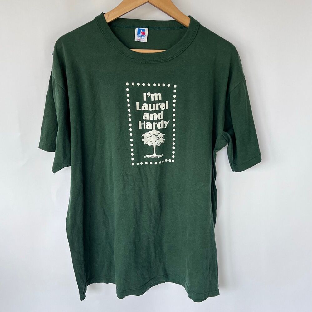 Vintage 90s Russell Athletic Mens T-Shirt Size XL Green Laurel And Hardy USA